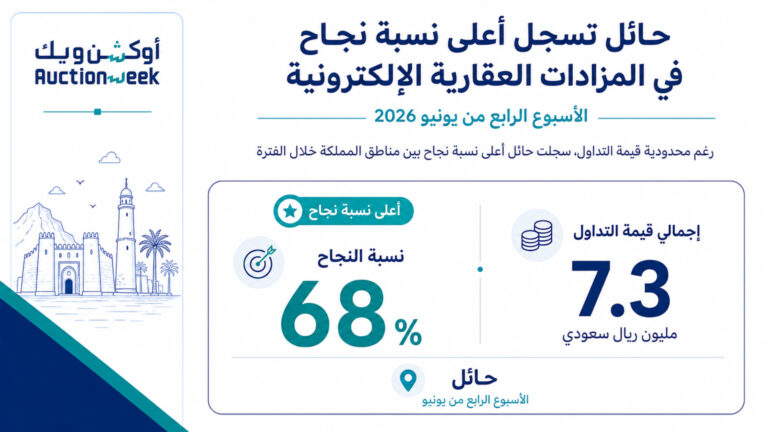 رغم محدودية التداولات.. حائل تحقق أعلى نسبة نجاح في المزادات العقارية الإلكترونية بالمملكة خلال الأسبوع الرابع من يونيو