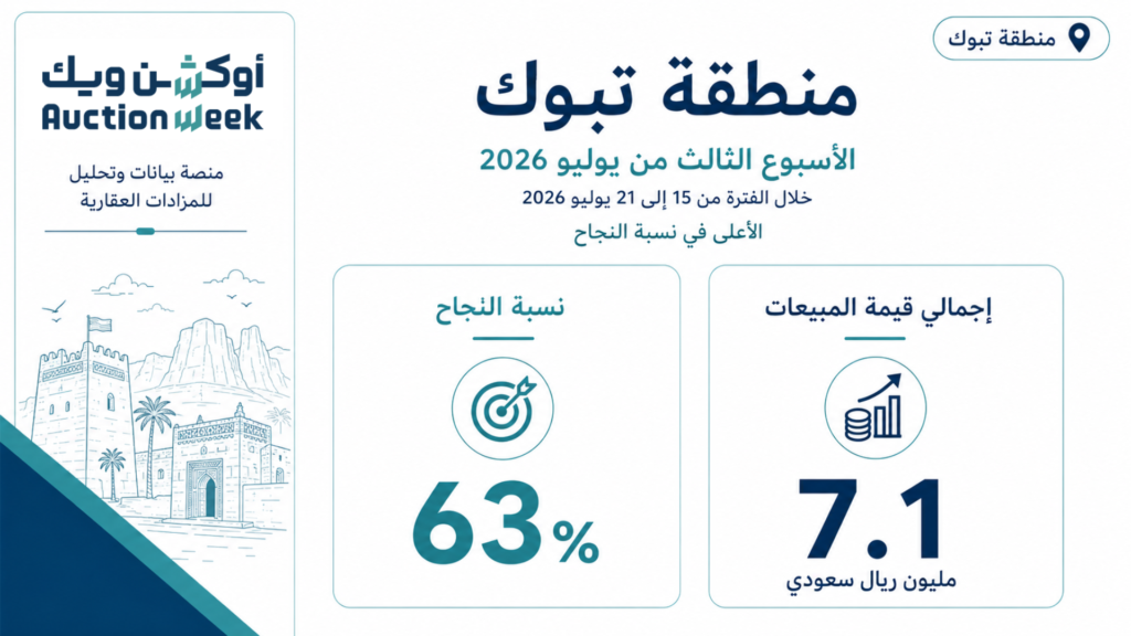 رغم محدودية المبيعات.. تبوك تحقق أعلى نسبة نجاح في المزادات العقارية خلال الأسبوع الثالث من يوليو 2026